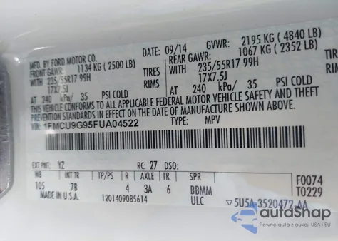 2015 Ford Escape Se из США, поврежденный, VIN 1FMCU9G95FUA04522